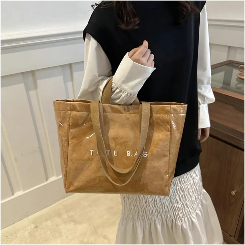 PVC Tote Bag for Women Clear Totes Bags Large Plastic Carry All Bag Kraft Paper Hobo Shoulder Handbag for Work Travel