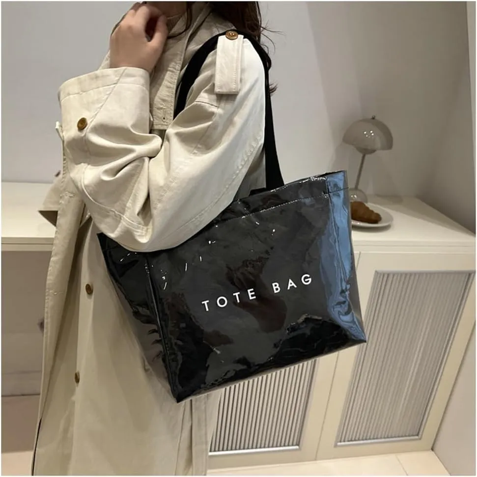 PVC Tote Bag for Women Clear Totes Bags Large Plastic Carry All Bag Kraft Paper Hobo Shoulder Handbag for Work Travel