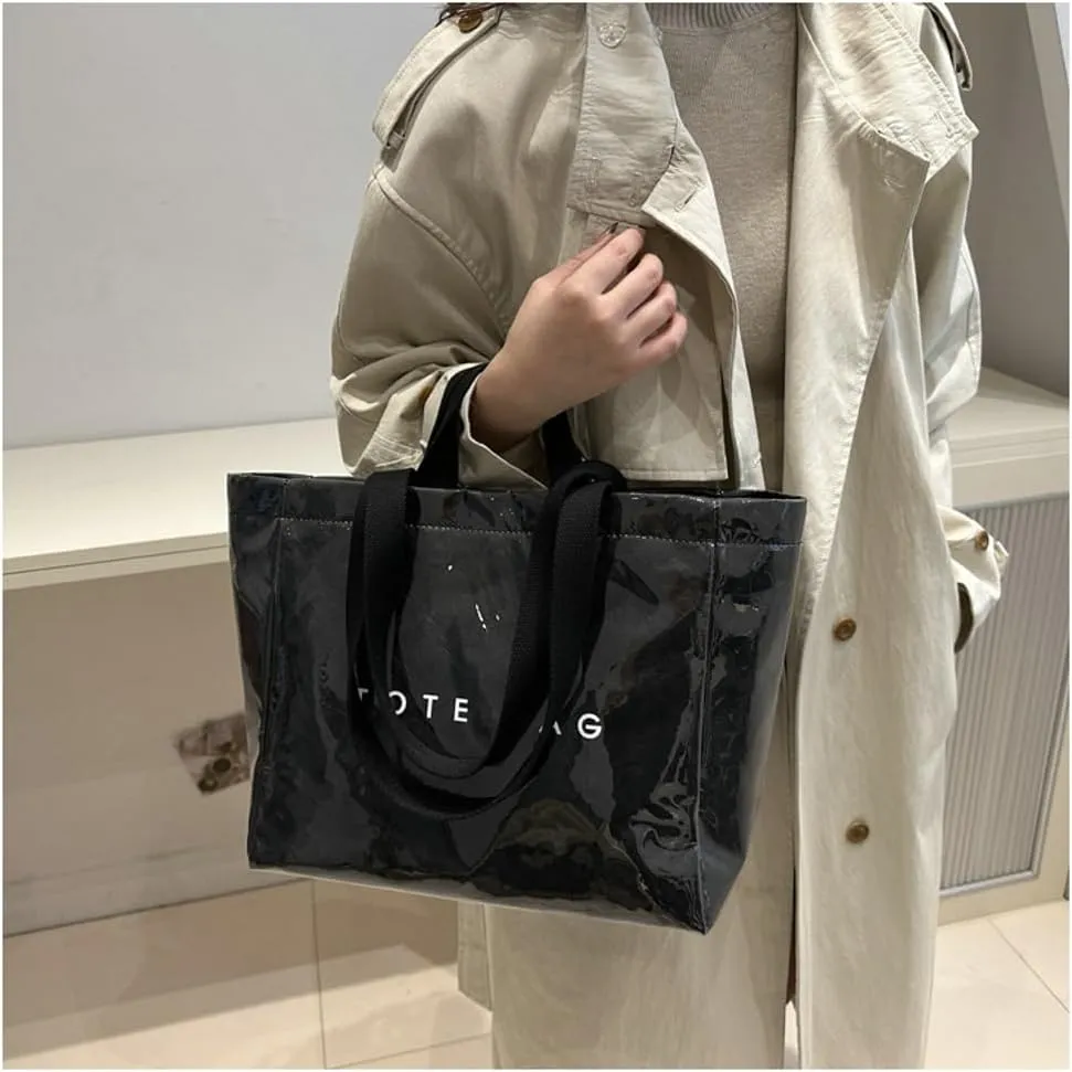 PVC Tote Bag for Women Clear Totes Bags Large Plastic Carry All Bag Kraft Paper Hobo Shoulder Handbag for Work Travel