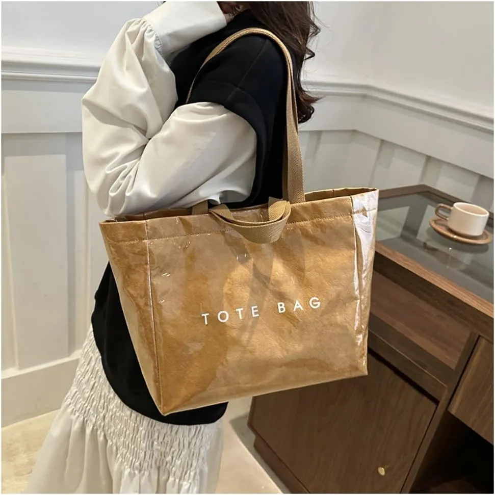 PVC Tote Bag for Women Clear Totes Bags Large Plastic Carry All Bag Kraft Paper Hobo Shoulder Handbag for Work Travel