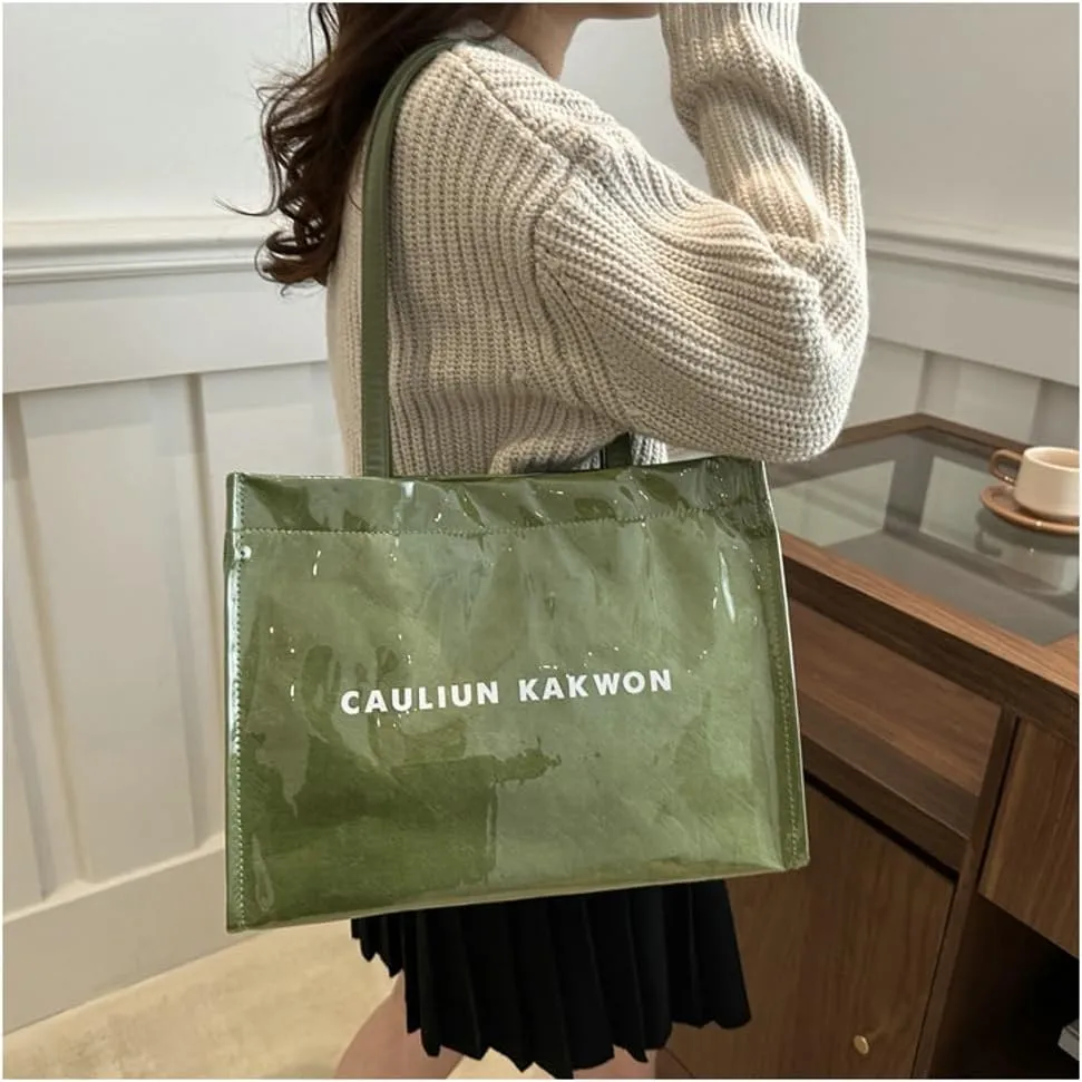 PVC Tote Bag Women Clear Trendy Totes Bags Plastic Carry All Bag Kraft Paper Hobo Shoulder Handbag for Work Travel