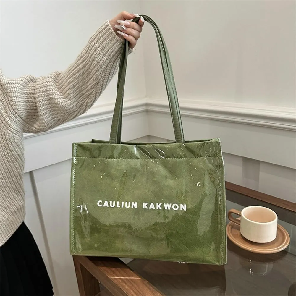 PVC Tote Bag Women Clear Trendy Totes Bags Plastic Carry All Bag Kraft Paper Hobo Shoulder Handbag for Work Travel