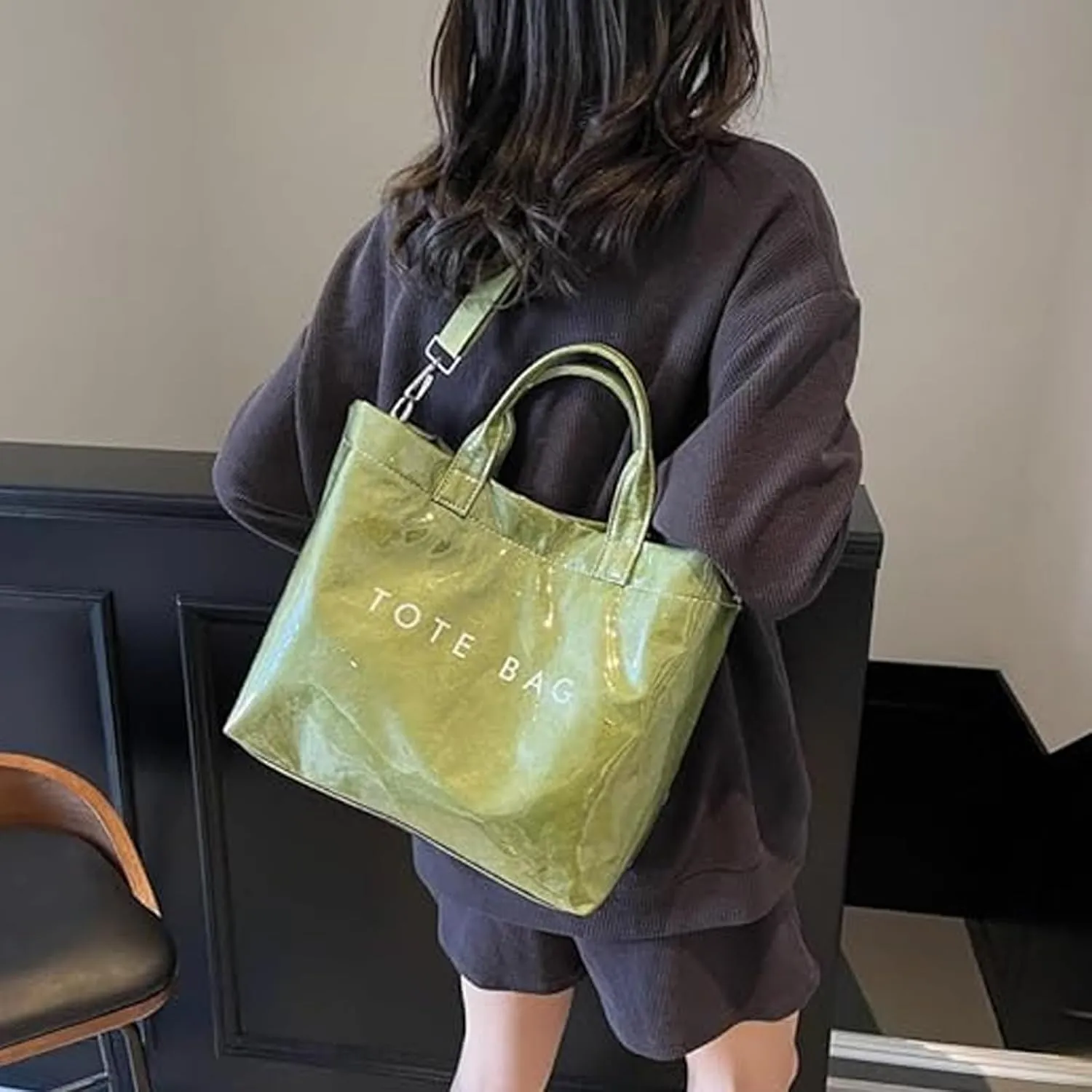 Pvc Tote Bag, Womens Letters Print Tote Bag Large, Work Plastic Letter Print Totes Bags with Shoulder Strap