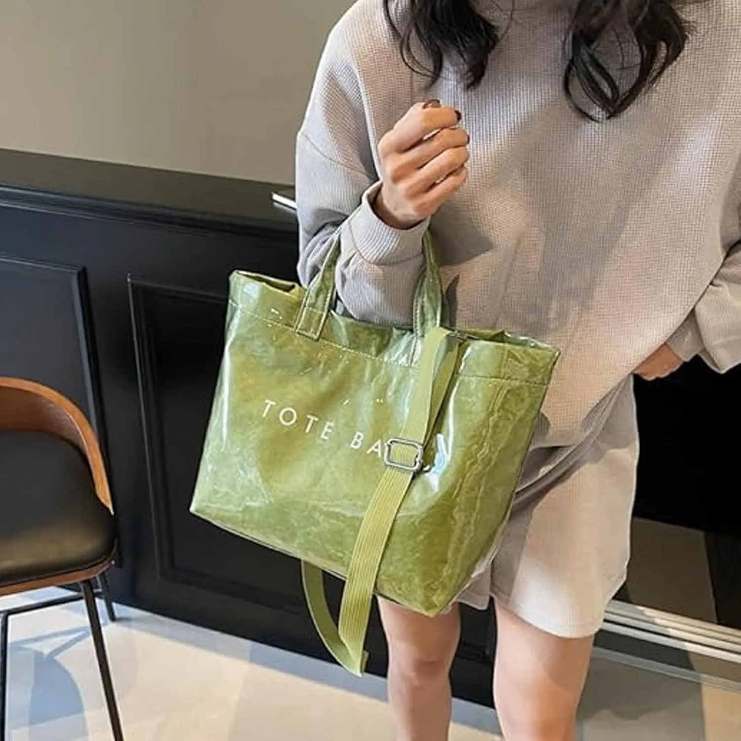 Pvc Tote Bag, Womens Letters Print Tote Bag Large, Work Plastic Letter Print Totes Bags with Shoulder Strap