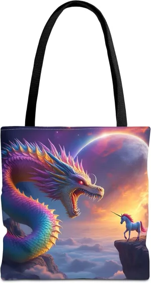 Rainbow Dragon & Unicorn Tote Bag- Fantasy Art Beach Bag for Girls or Boys, Fun Kids Travel Totes & Reusable Shopping Bags