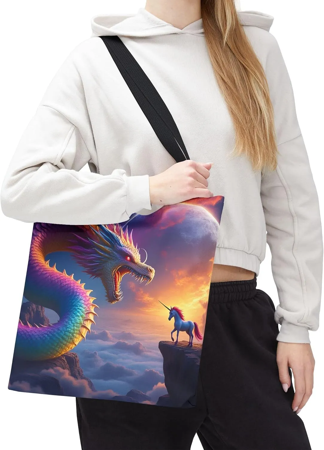 Rainbow Dragon & Unicorn Tote Bag- Fantasy Art Beach Bag for Girls or Boys, Fun Kids Travel Totes & Reusable Shopping Bags