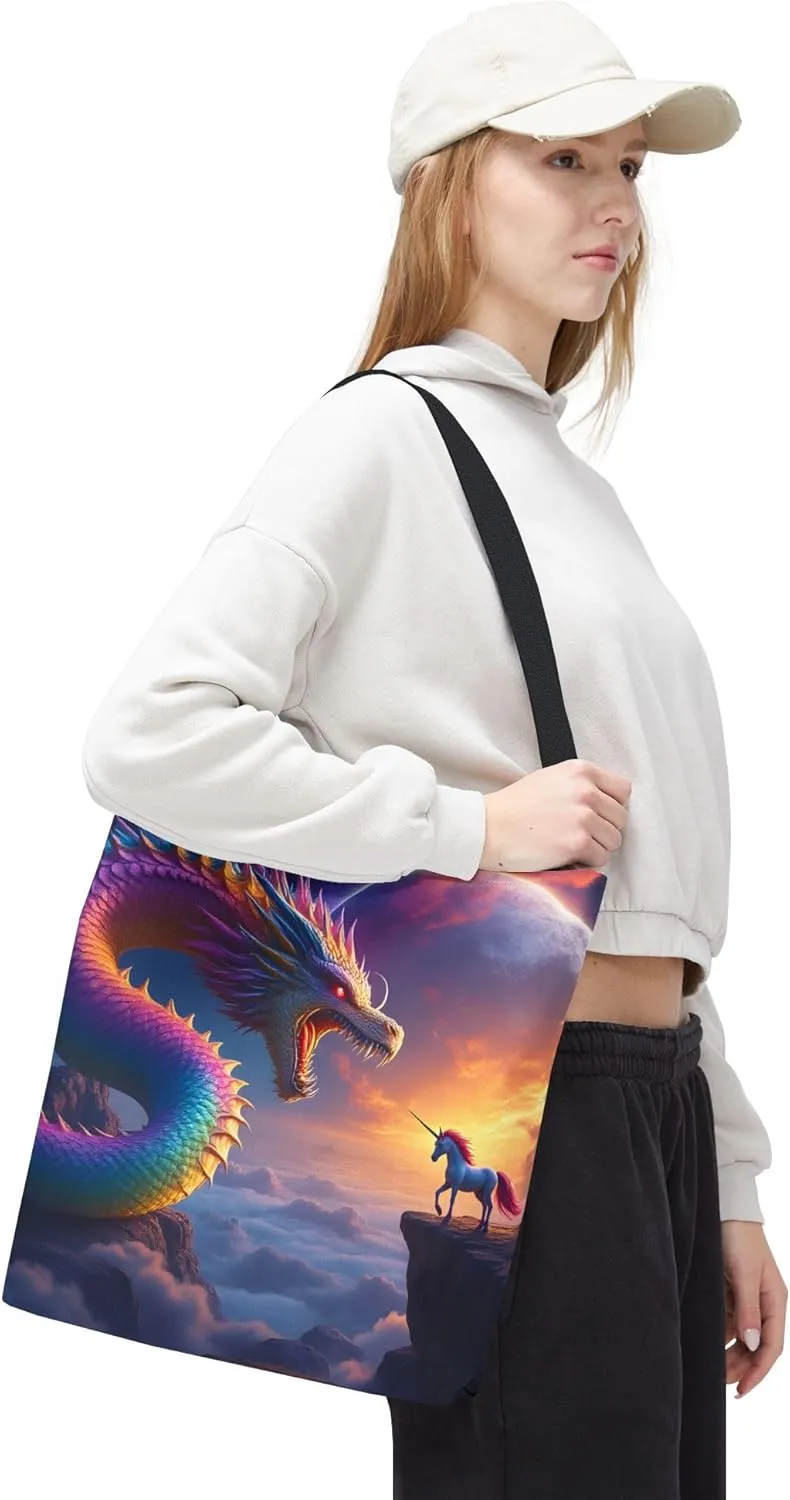 Rainbow Dragon & Unicorn Tote Bag- Fantasy Art Beach Bag for Girls or Boys, Fun Kids Travel Totes & Reusable Shopping Bags