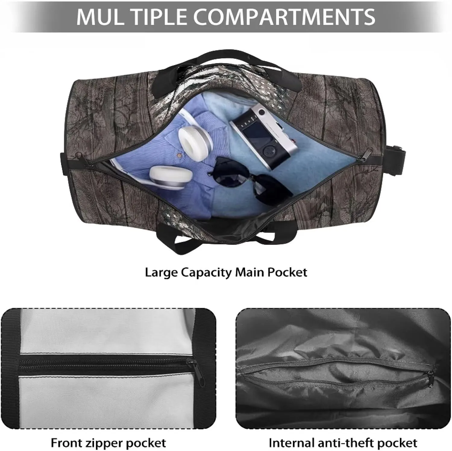 Rchsmod American Flag Deer Print Duffel Bag for Men Women Collapsible Travel Bag Zipper Workout Duffel Bag Crossbody Bag with Adjustable Shoulder Strap Portable Fitness Tote for Basketball Football