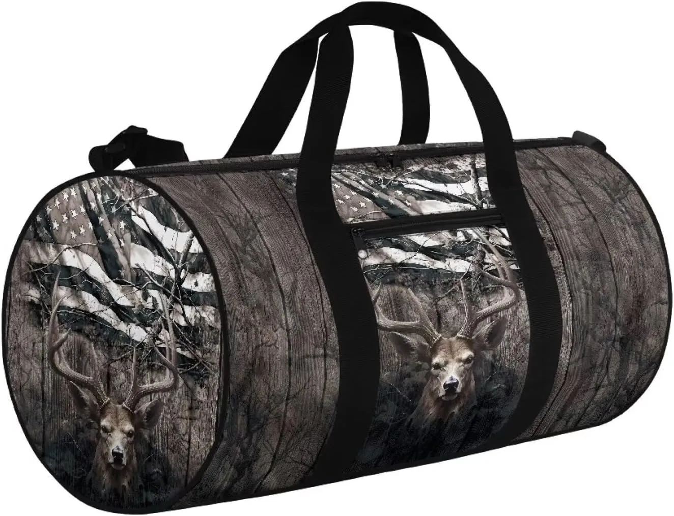 Rchsmod American Flag Deer Print Duffel Bag for Men Women Collapsible Travel Bag Zipper Workout Duffel Bag Crossbody Bag with Adjustable Shoulder Strap Portable Fitness Tote for Basketball Football