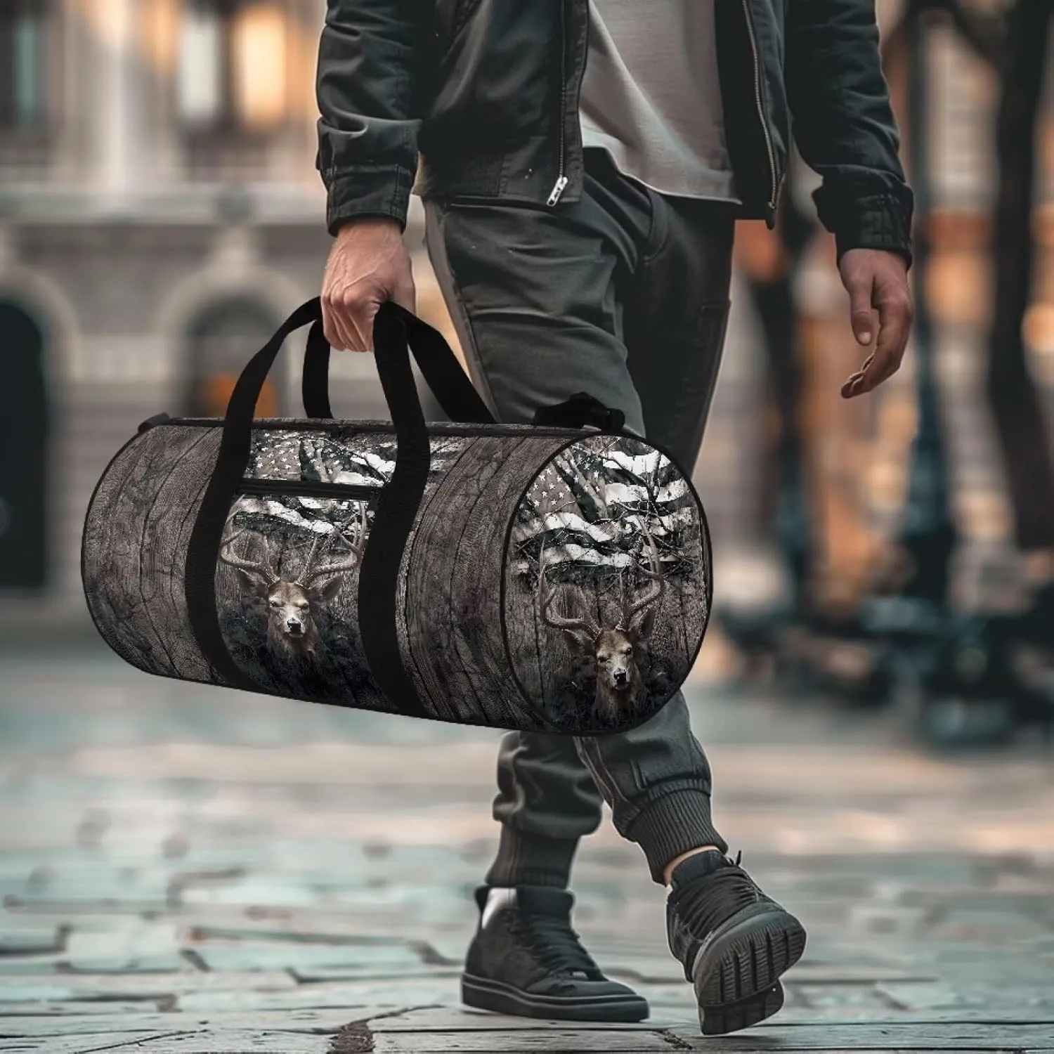 Rchsmod American Flag Deer Print Duffel Bag for Men Women Collapsible Travel Bag Zipper Workout Duffel Bag Crossbody Bag with Adjustable Shoulder Strap Portable Fitness Tote for Basketball Football