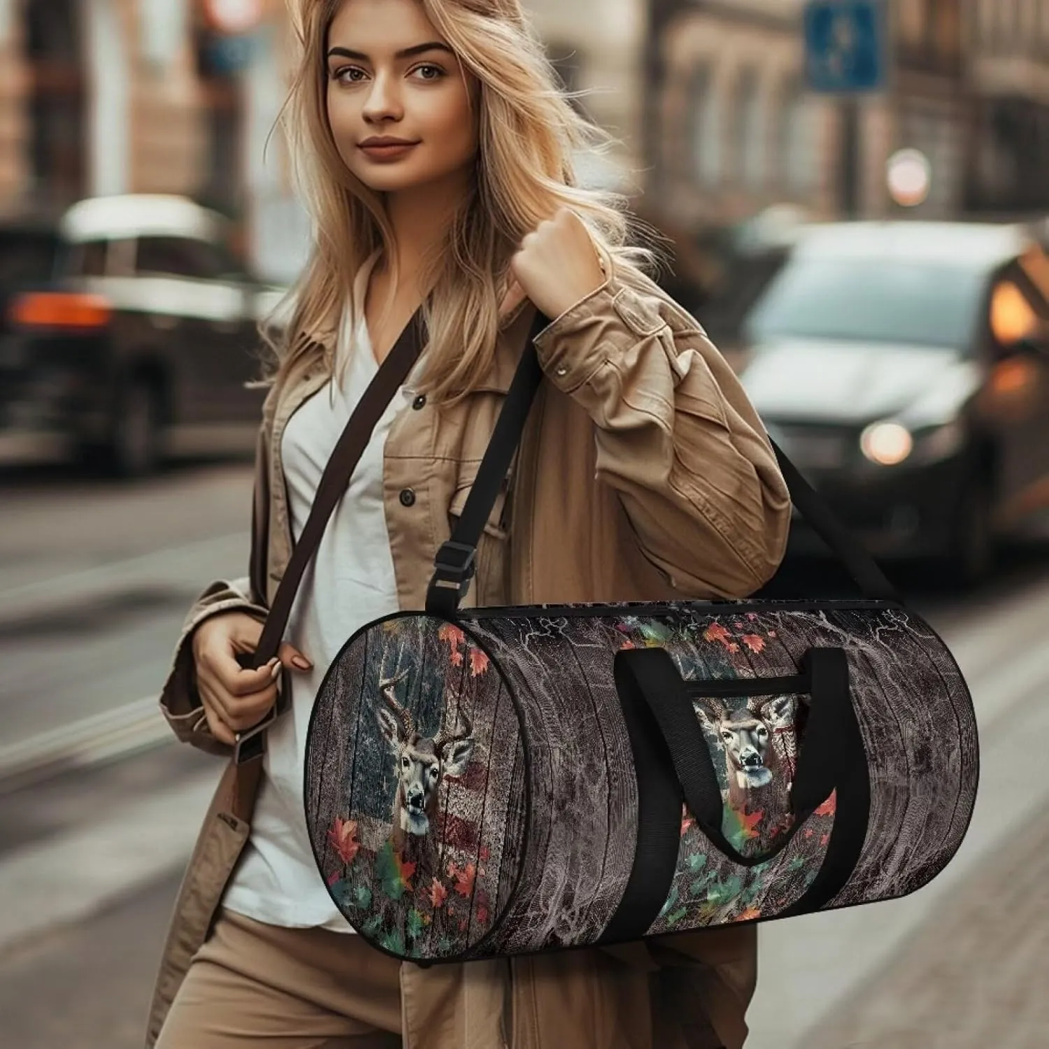 Rchsmod Deer Wood American Flag Print Duffel Bag for Men Women Large Garment Duffel Bag Zipper Travel Duffel Luggage Bag Waterproof Swim Bags Folding Dance Bag for Sport Beach Fitness Workout