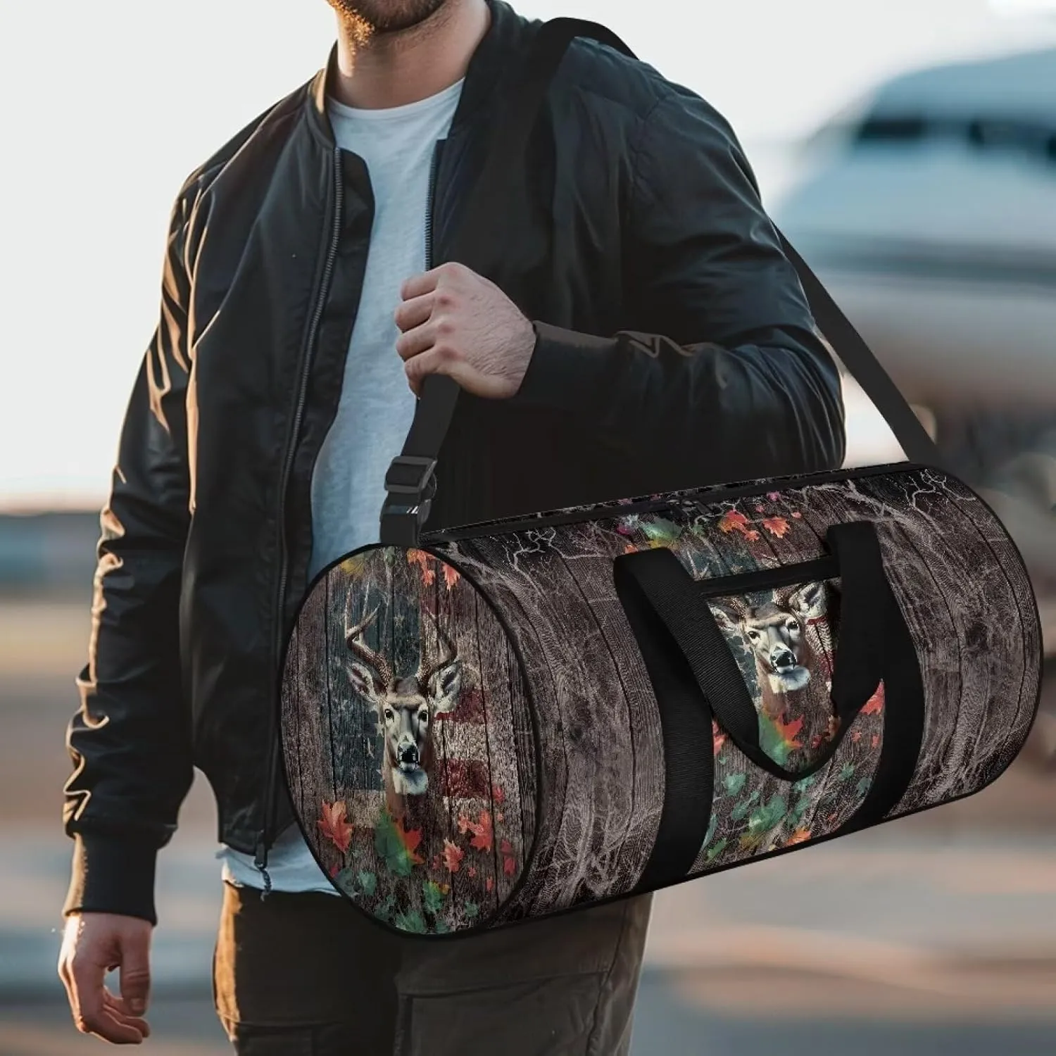 Rchsmod Deer Wood American Flag Print Duffel Bag for Men Women Large Garment Duffel Bag Zipper Travel Duffel Luggage Bag Waterproof Swim Bags Folding Dance Bag for Sport Beach Fitness Workout