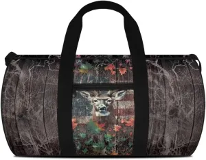 Rchsmod Deer Wood American Flag Print Duffel Bag for Men Women Large Garment Duffel Bag Zipper Travel Duffel Luggage Bag Waterproof Swim Bags Folding Dance Bag for Sport Beach Fitness Workout