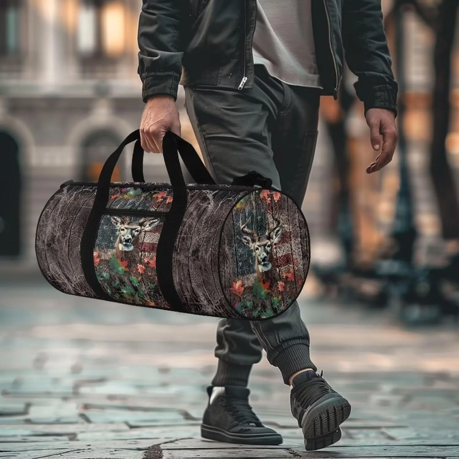 Rchsmod Deer Wood American Flag Print Duffel Bag for Men Women Large Garment Duffel Bag Zipper Travel Duffel Luggage Bag Waterproof Swim Bags Folding Dance Bag for Sport Beach Fitness Workout
