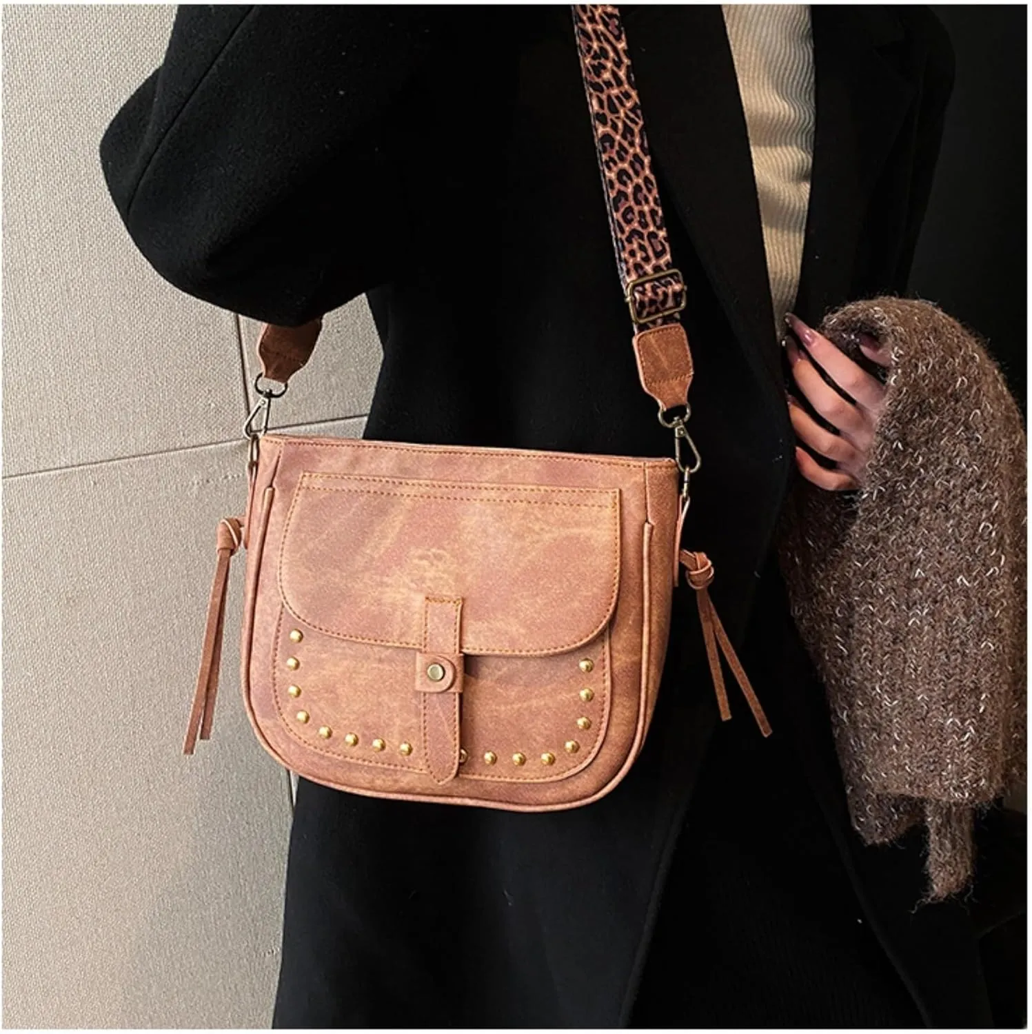 Riveted Crossbody Bag for Women Retro Shoulder Casual Hobo Messenger Bag Satchel Purse Leopard Strap Totes