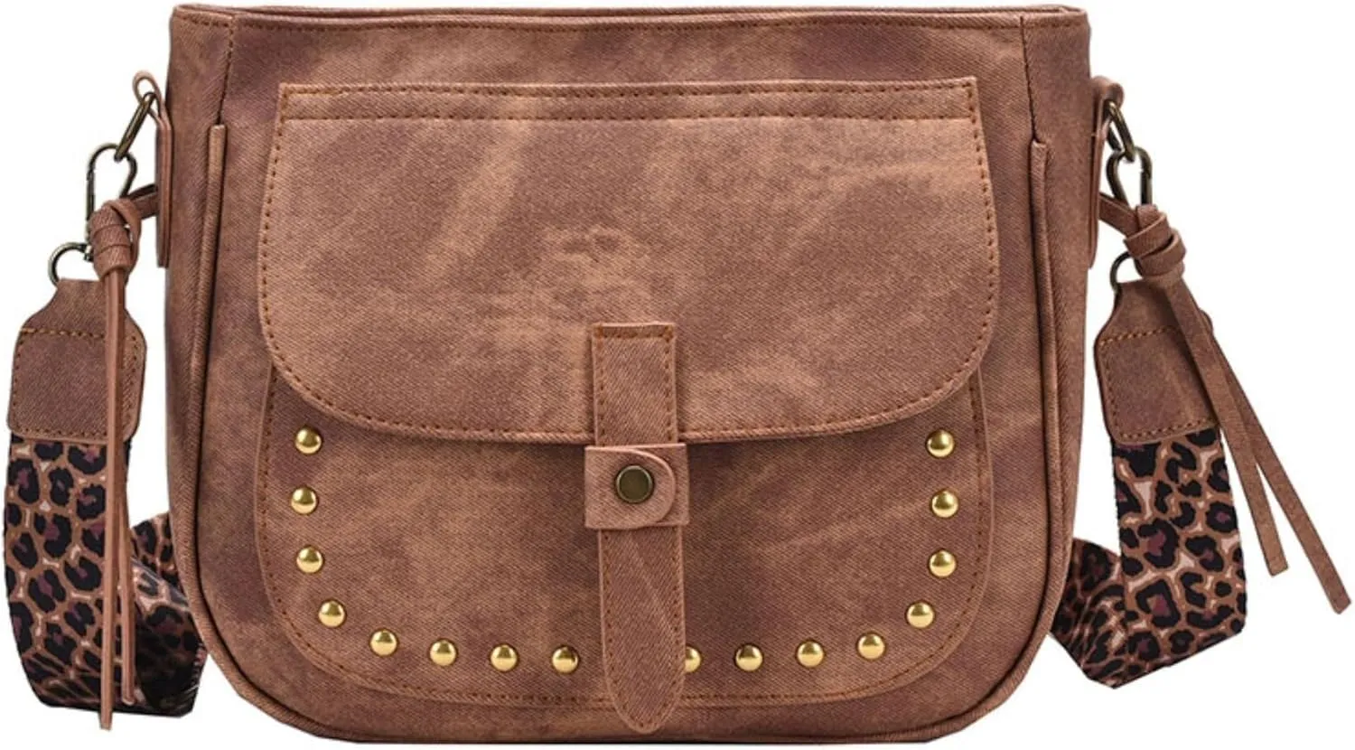 Riveted Crossbody Bag for Women Retro Shoulder Casual Hobo Messenger Bag Satchel Purse Leopard Strap Totes
