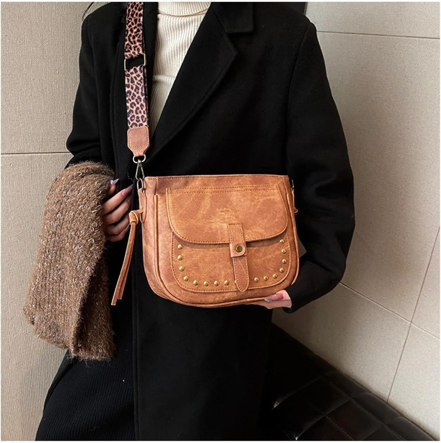 Riveted Crossbody Bag for Women Retro Shoulder Casual Hobo Messenger Bag Satchel Purse Leopard Strap Totes