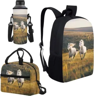 Running White Horse Print Backpack for Boys Girls Back to School Shoulder Bookbags, Insulated Thermal Lunch Totes, Cooler Water Bottle Sleeve, 3pcs/set