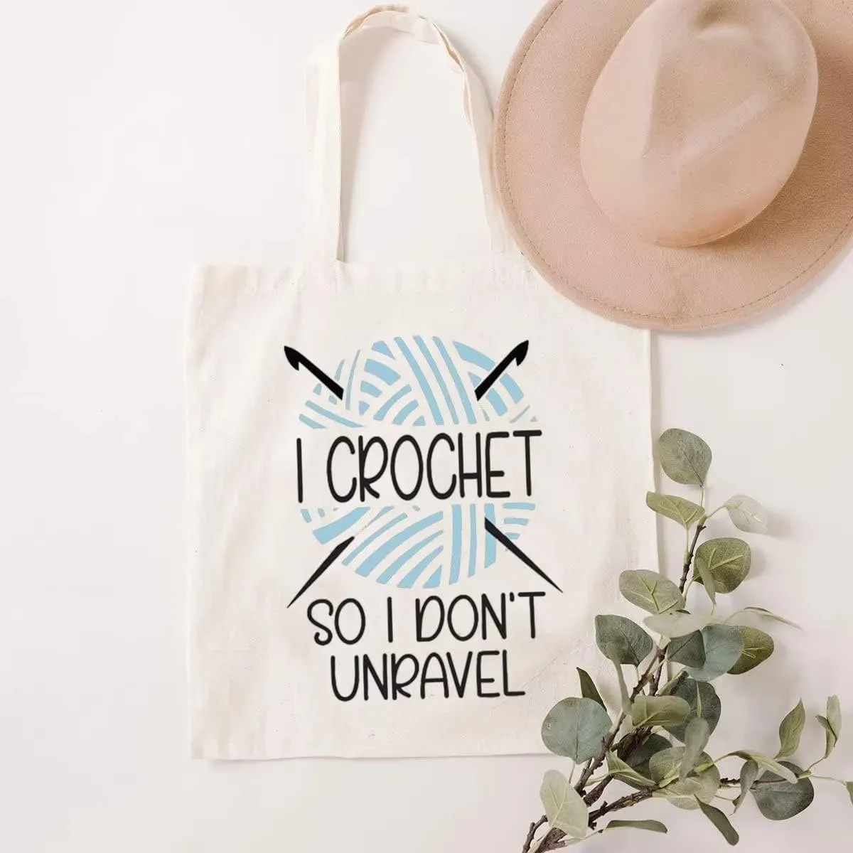 SAUIVD I Crochet So I Don't Unravel Canvas Tote Bag Crocheting Lover Reusable Handbags Women Funny Crocheter Yarn Gift