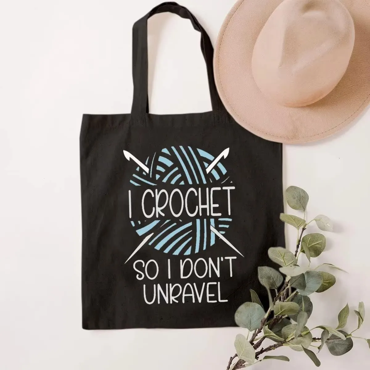 SAUIVD I Crochet So I Don't Unravel Canvas Tote Bag Crocheting Lover Reusable Handbags Women Funny Crocheter Yarn Gift