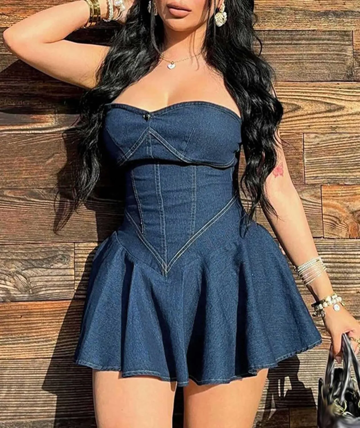 SEMATOMALA Women's Strapless Tube Top Flared Denim Mini Dress A-Line Ruffle Off Shoulder Pleated Skater Jeans Dresses
