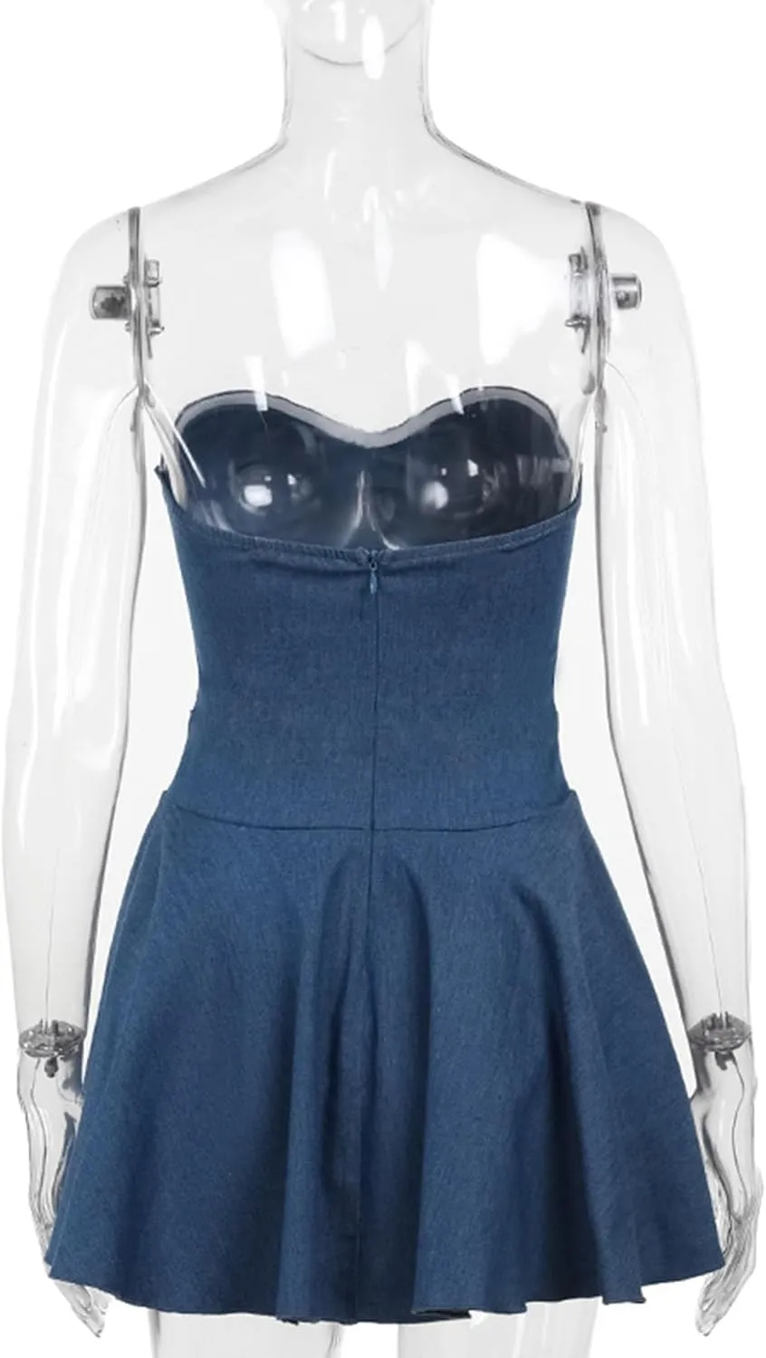 SEMATOMALA Women's Strapless Tube Top Flared Denim Mini Dress A-Line Ruffle Off Shoulder Pleated Skater Jeans Dresses