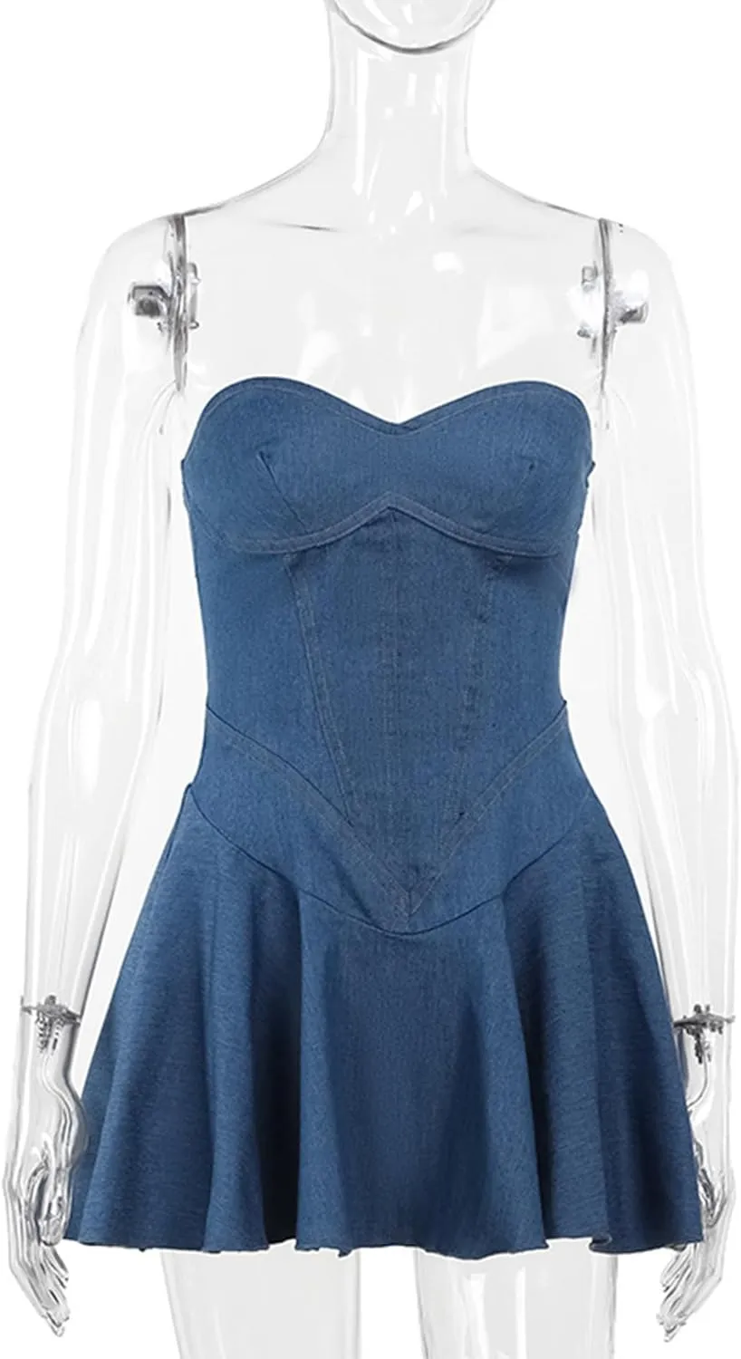 SEMATOMALA Women's Strapless Tube Top Flared Denim Mini Dress A-Line Ruffle Off Shoulder Pleated Skater Jeans Dresses