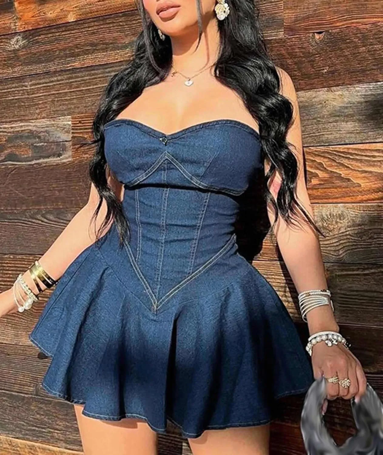 SEMATOMALA Women's Strapless Tube Top Flared Denim Mini Dress A-Line Ruffle Off Shoulder Pleated Skater Jeans Dresses