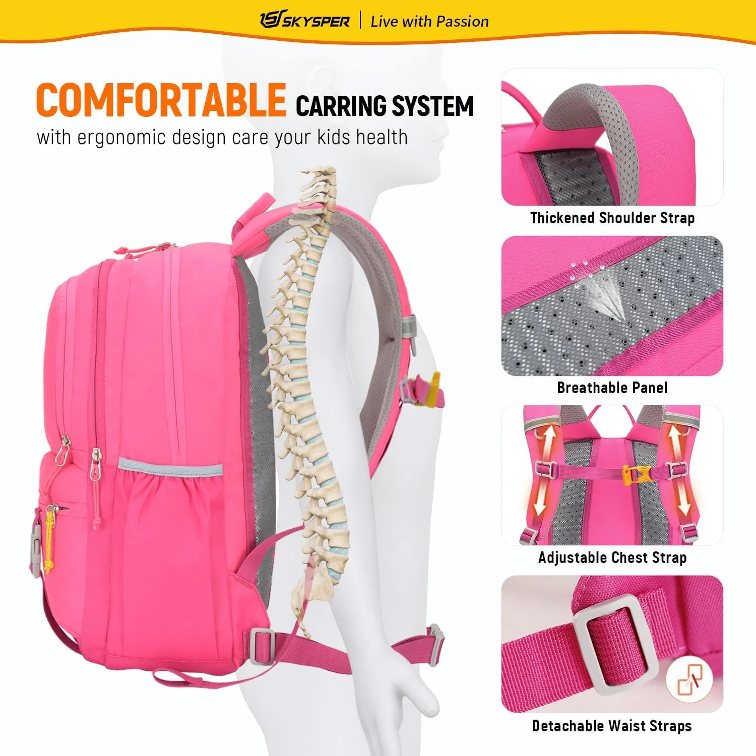 SKYSPER Kids Backpack - 18L School Backpacks Girls Multi-compartment Travel Bags Boys Bookbag Teen with DIY Sticker