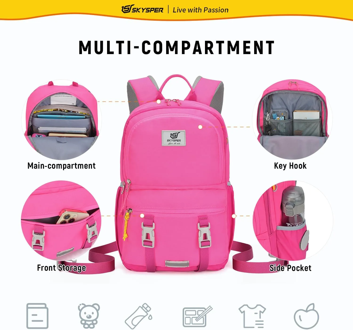 SKYSPER Kids Backpack - 18L School Backpacks Girls Multi-compartment Travel Bags Boys Bookbag Teen with DIY Sticker
