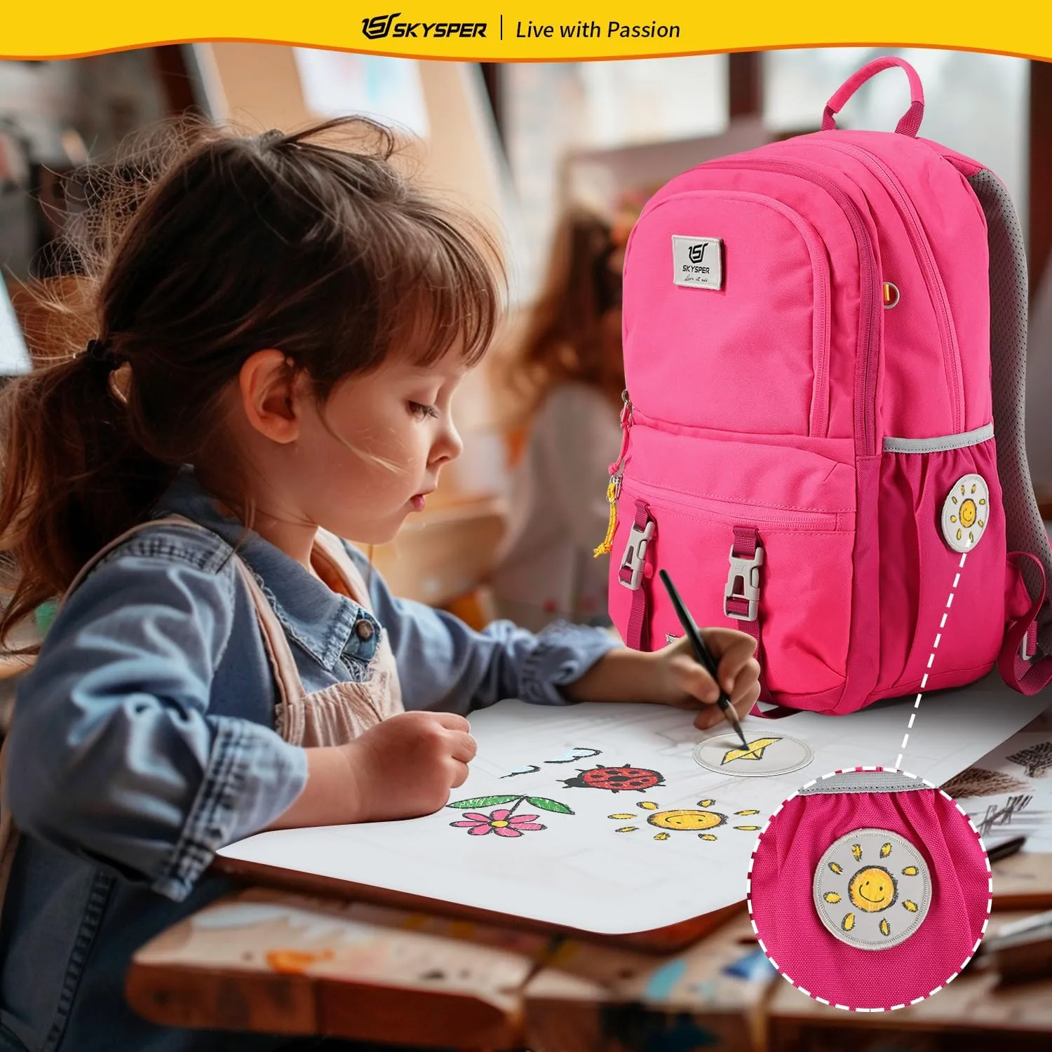 SKYSPER Kids Backpack - 18L School Backpacks Girls Multi-compartment Travel Bags Boys Bookbag Teen with DIY Sticker