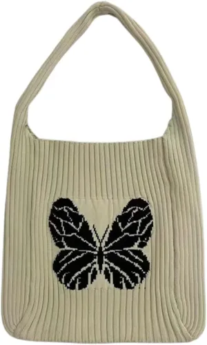 Slouchy Crochet Tote Bag Women Knit Hobo Bags Butterfly Shoulder Bag Trendy CrossBody Purse Knitted Travel Satchels Handbag