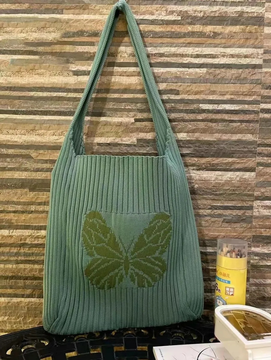 Slouchy Crochet Tote Bag Women Knit Hobo Bags Butterfly Shoulder Bag Trendy CrossBody Purse Knitted Travel Satchels Handbag