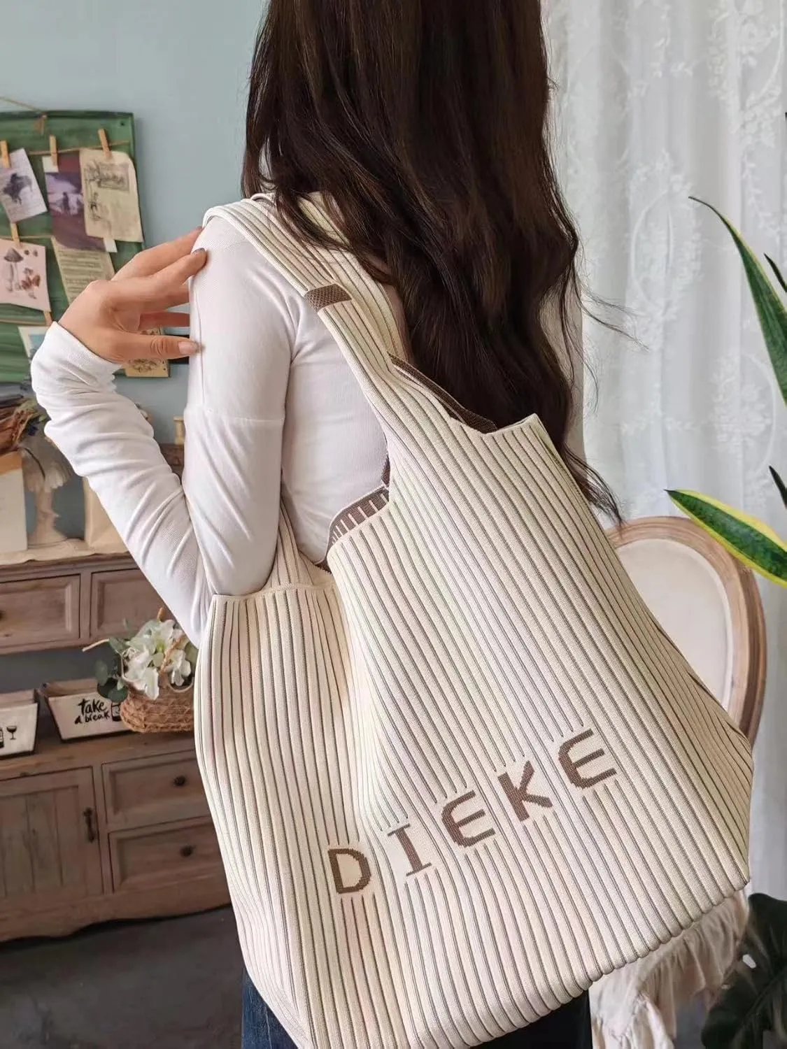 Slouchy Crochet Tote Bag Women Knit Hobo Bags Stripe Shoulder Bag CrossBody Purse Trendy Knitted Travel Satchels Handbag