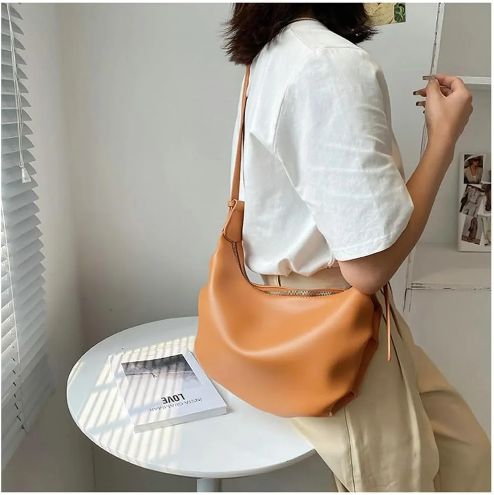 Slouchy PU Leather Crescent Hobo Bags Women Underarm Crossbody Purse Trendy Satchels Shoulder Bag Top-handle Tote Handbag