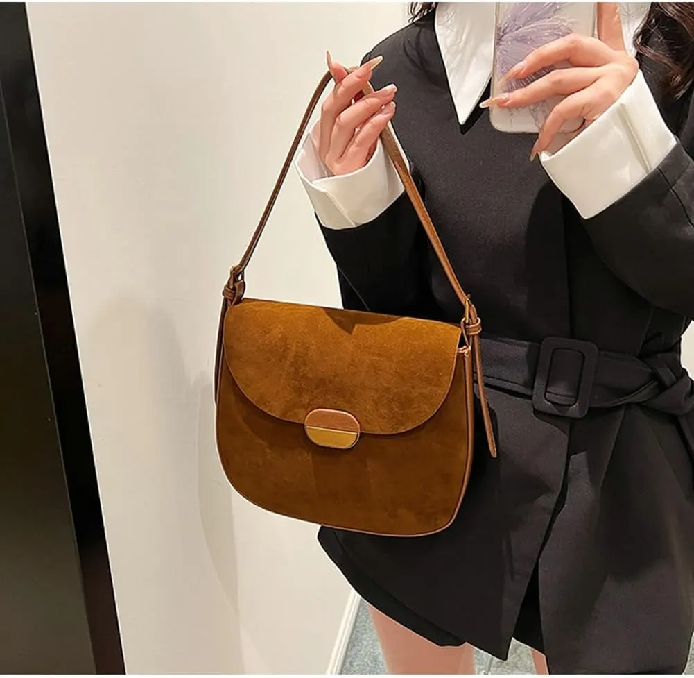 Slouchy Suede Saddle Bag Women Underarm Crescent Shoulder Hobo Bags Satchels Crossbody Purse Trendy Top-Handle Tote Handbag