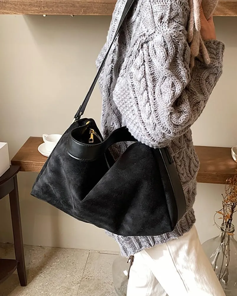 Slouchy Suede Tote Bags for Women Soft Faux Leather Satchels Large Shoulder Crossbody Purse Trendy Working Handbag