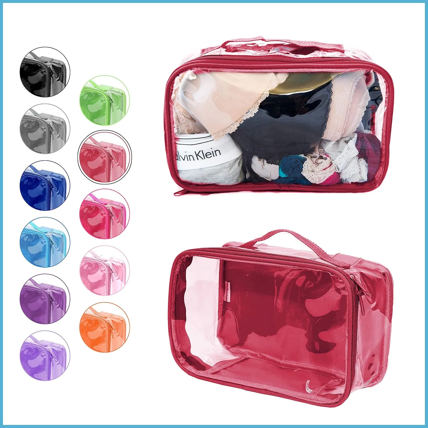Small Clear Travel Packing Cube/See Through PVC Plastic Pouch for Carry On Suitcase, Backpack or Diaper Bag/Transparent Multipurpose Accessories, Makeup & Underwear Organizer w/Handle (Burgundy)