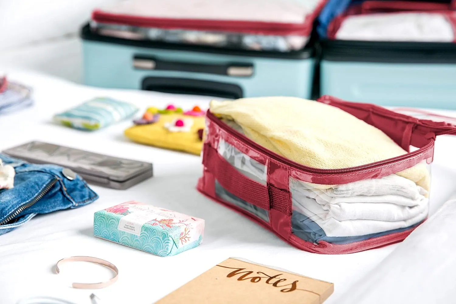 Small Clear Travel Packing Cube/See Through PVC Plastic Pouch for Carry On Suitcase, Backpack or Diaper Bag/Transparent Multipurpose Accessories, Makeup & Underwear Organizer w/Handle (Burgundy)