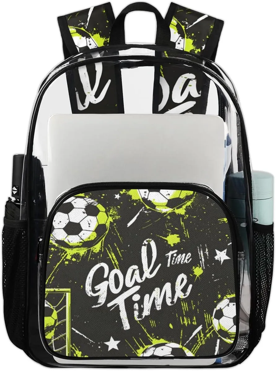 Soccer Themed Heavy Duty Clear Backpack Soccer Sport Large See Through Backpacks PVC Transparent Backpack Clear Bag for Women Men Security Stadium Work Travel Events Concert