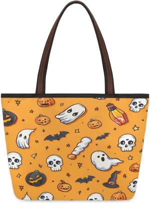Stars Skulls Bats Pumpkins Tote Bag Multi Pocket Zippered Beach Bag Lightweight Waterproof Handbag