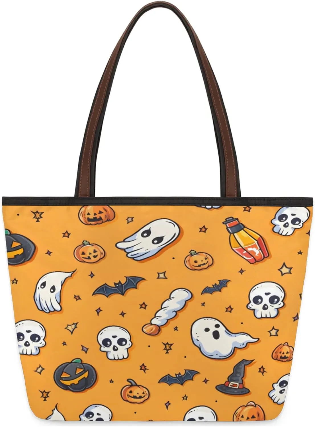 Stars Skulls Bats Pumpkins Tote Bag Multi Pocket Zippered Beach Bag Lightweight Waterproof Handbag