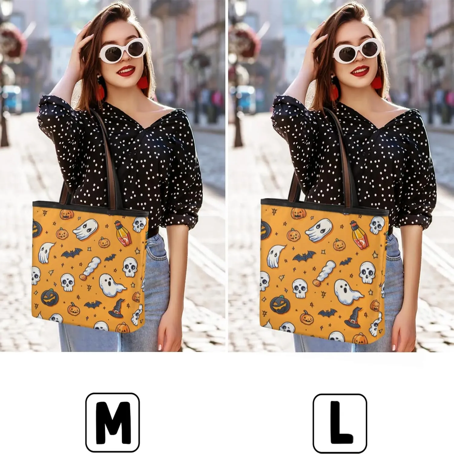 Stars Skulls Bats Pumpkins Tote Bag Multi Pocket Zippered Beach Bag Lightweight Waterproof Handbag