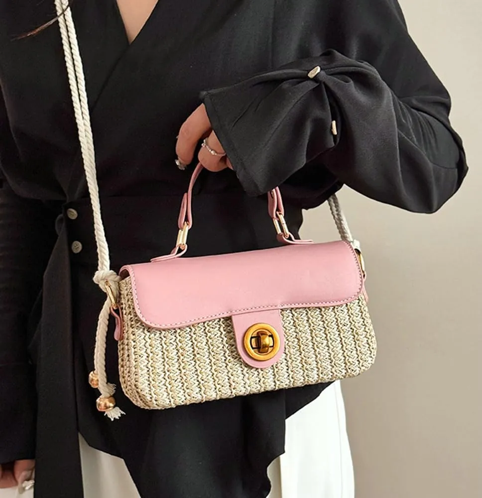 Straw Woven Clutch Purses for Women Cute Cross-body Handbag Mini Satchels Ladies Beach Bag for Travel,Commuting
