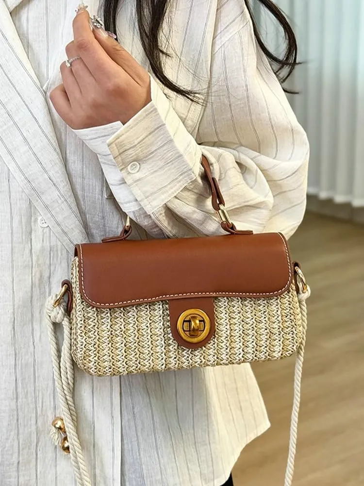 Straw Woven Clutch Purses for Women Cute Cross-body Handbag Mini Satchels Ladies Beach Bag for Travel,Commuting