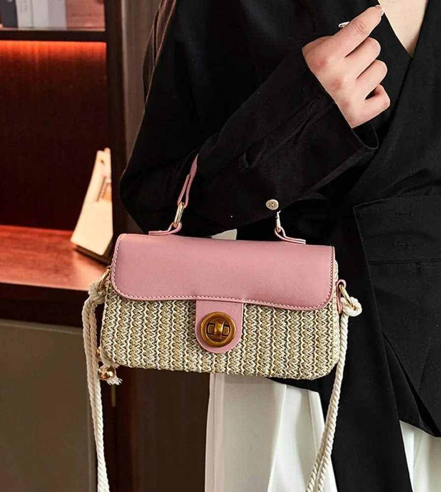 Straw Woven Clutch Purses for Women Cute Cross-body Handbag Mini Satchels Ladies Beach Bag for Travel,Commuting