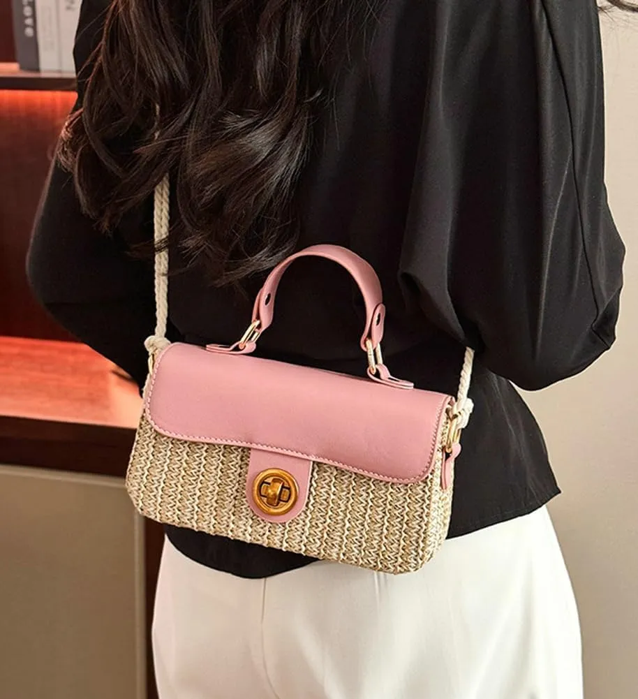 Straw Woven Clutch Purses for Women Cute Cross-body Handbag Mini Satchels Ladies Beach Bag for Travel,Commuting