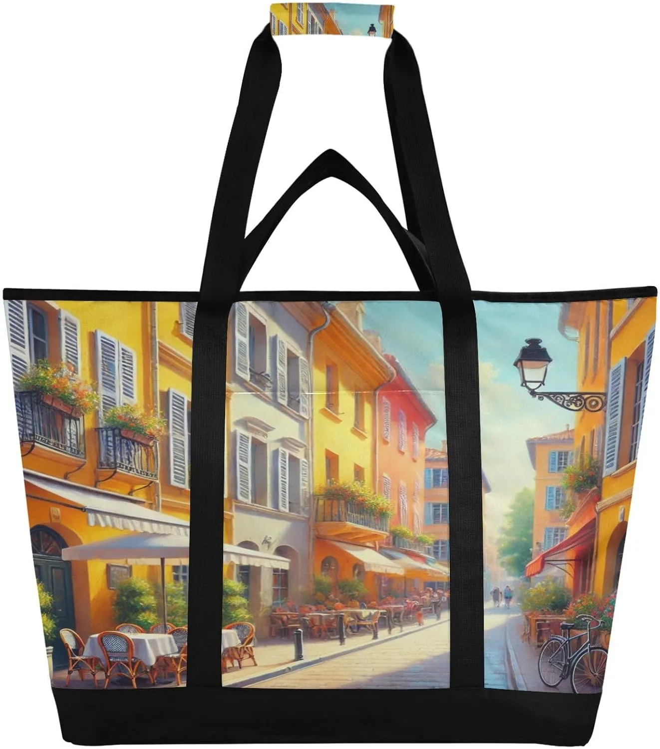 Street Romantic Flower Tote Bag for Women with Zipper Reusable Grocery Bags Foldable Insulated Cooler Bag Handbags Totes Shopping Bags for Groceries Beach Travel Work Picnic