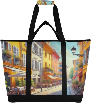 Street Romantic Flower Tote Bag for Women with Zipper Reusable Grocery Bags Foldable Insulated Cooler Bag Handbags Totes Shopping Bags for Groceries Beach Travel Work Picnic