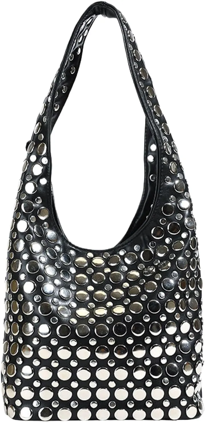 Studded Purses Y2K 90s Hobo Bags Trendy Shoulder Punk Handbag Soft Faux Leather Underarm Satchels Tote Handbag